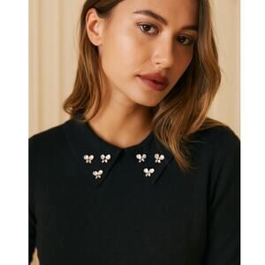 Anthropologie L Cynthia Rowley Jeweled Peter Pan Collar Wool Sweater Top Black